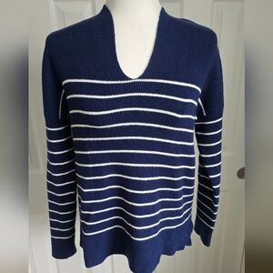 Tahari Women's V-Neck Sweater in Navy and White Stripes
